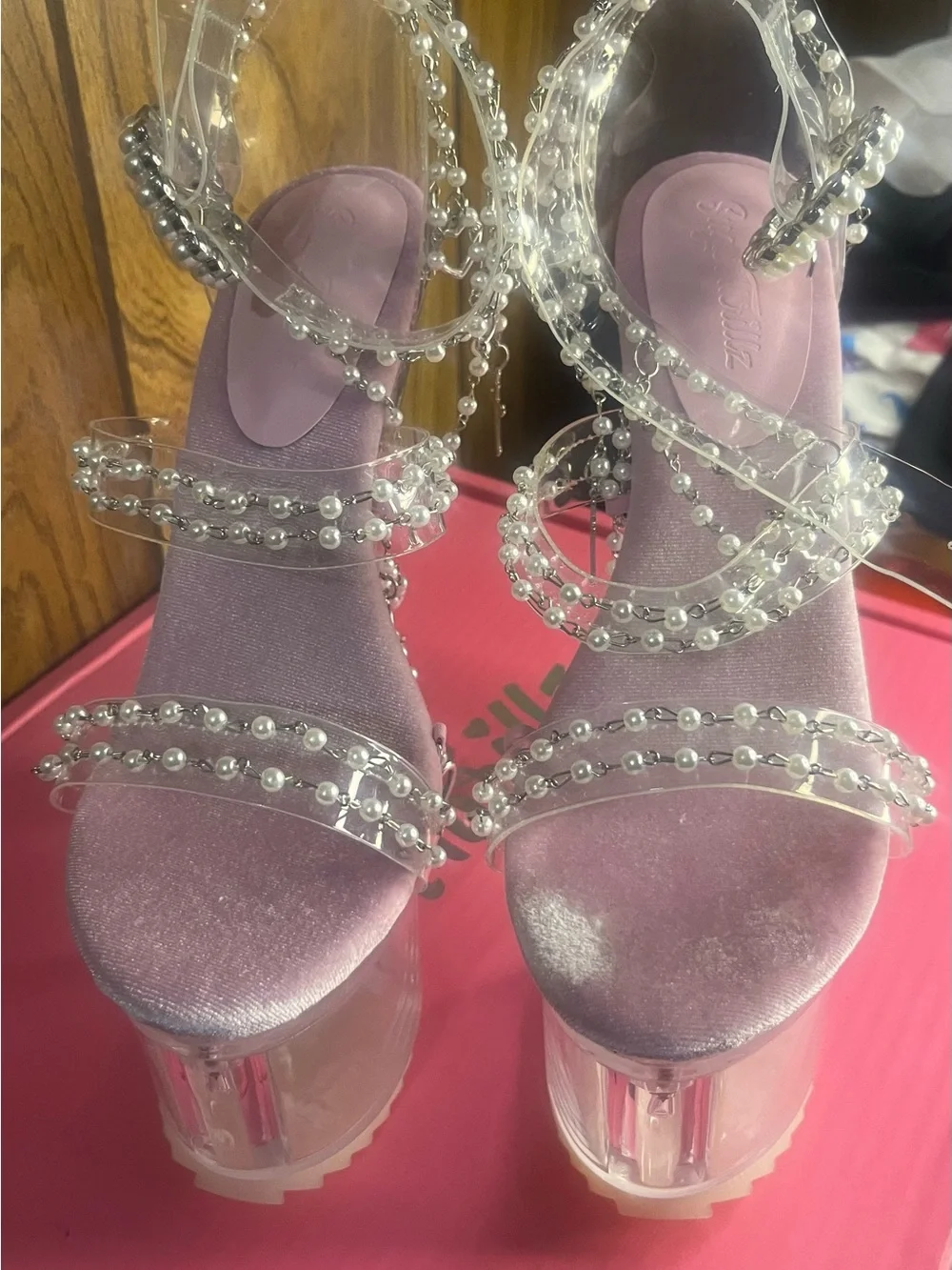 Clear Pearl-Embellished Platform Heels in Light Pink - Picture 3 of 6